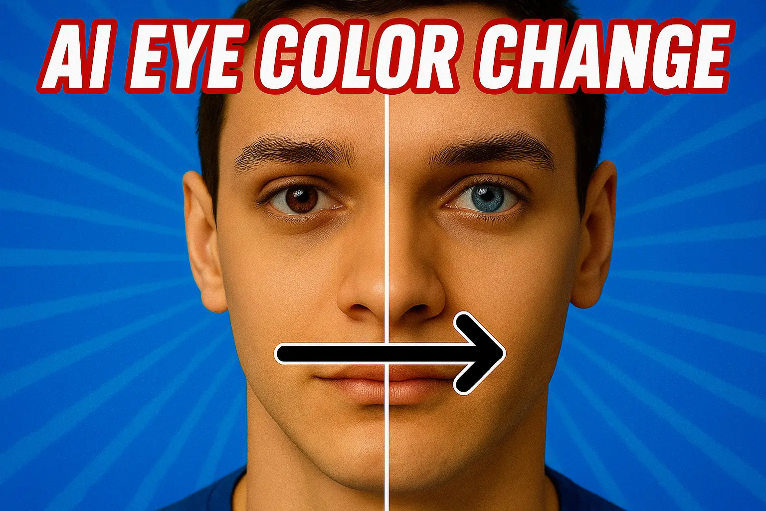 Before and after AI eye color change comparison showing brown to blue transformation
                            on a man's face
