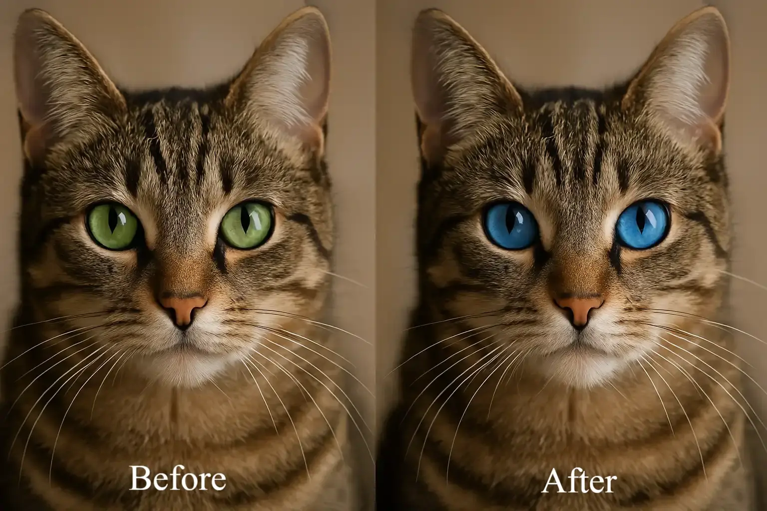 Cat eye color change using AI, from green to blue in before and after comparison