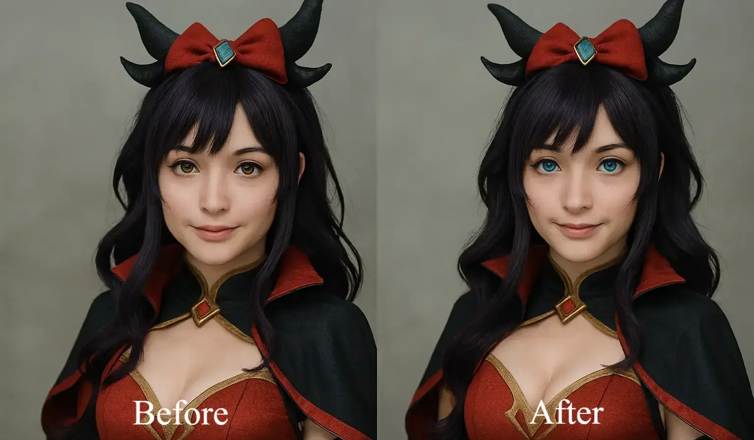 A before-and-after comparison image of changing eyes from brown to green using AI