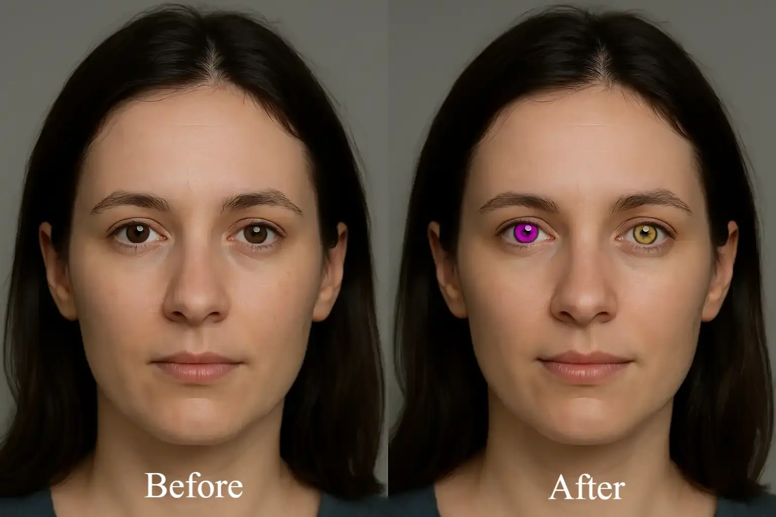 Before and after fantasy eye color transformation using AI, from natural brown to
                             vivid purple and gold