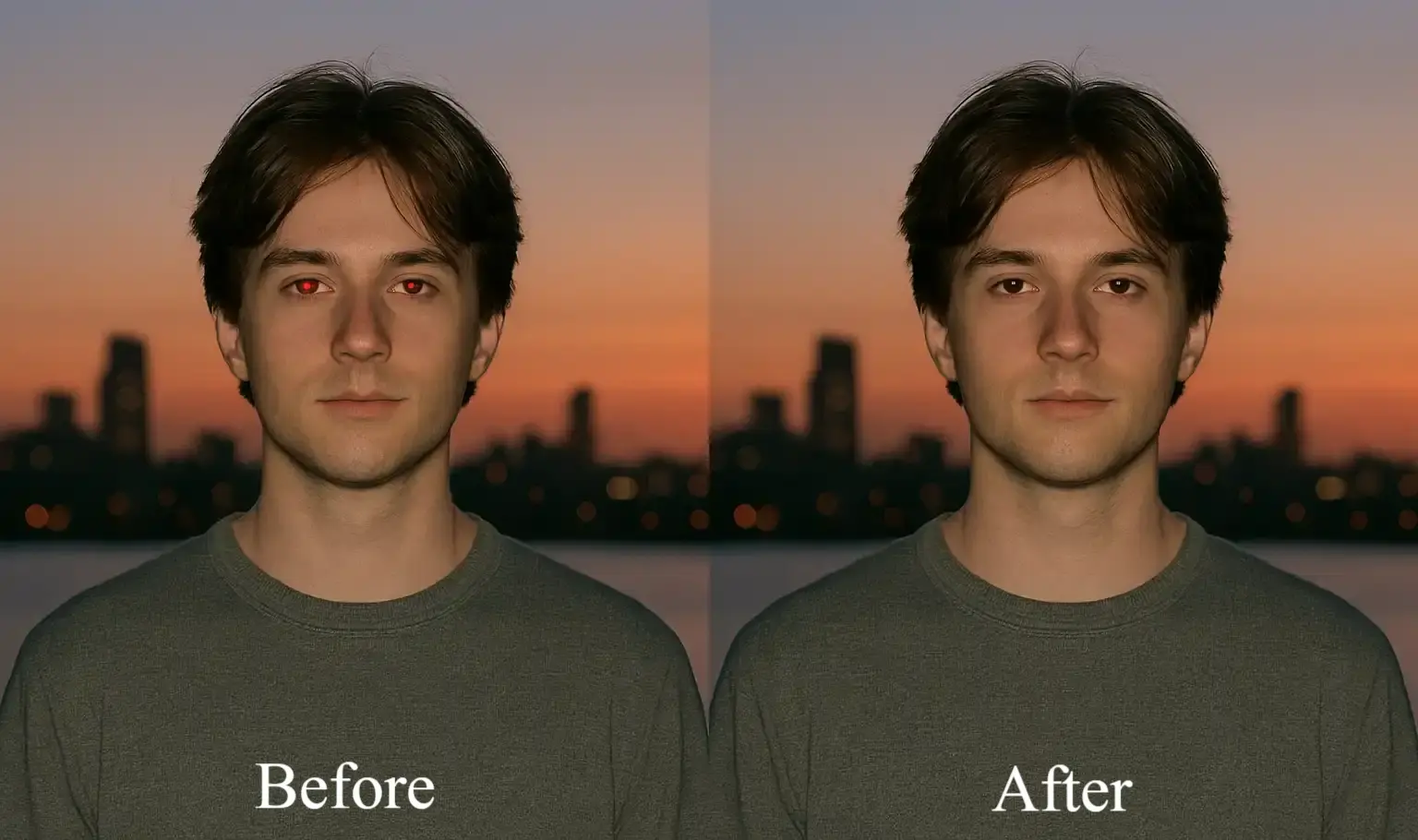 Evening photo red-eye correction using AI, before with flash-induced red eyes and
                             after with natural eye color