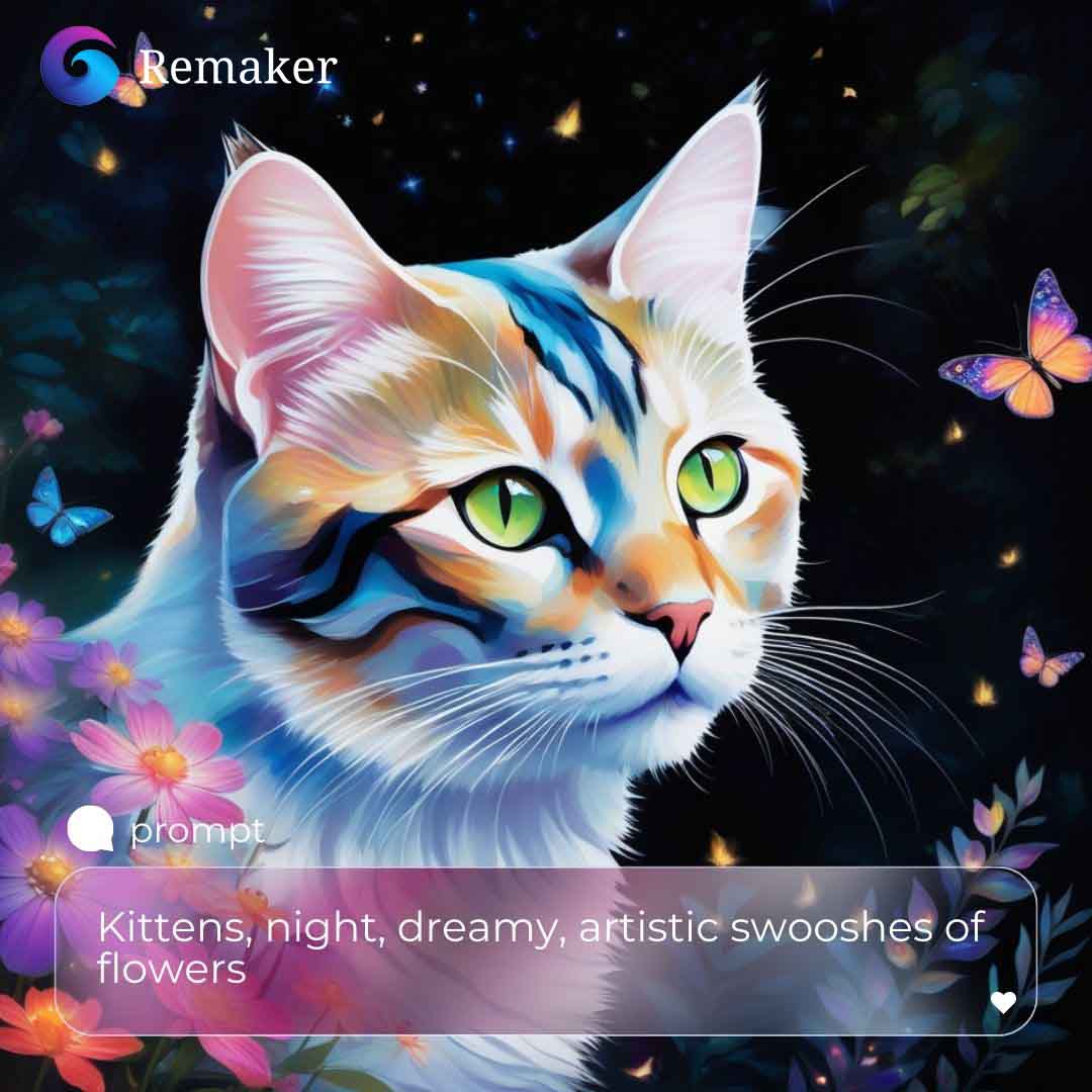 Kittens, night, dreamy, artistic swooshes of flowers generated with ai image generation tool